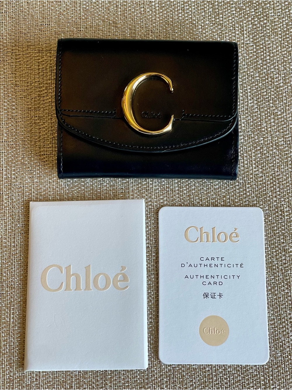 LIKE NEW CHLOE C COMPACT TRIFOLD CALFSKIN LEATHER WALLET BLACK w GOLD HDW - Picture 1 of 17